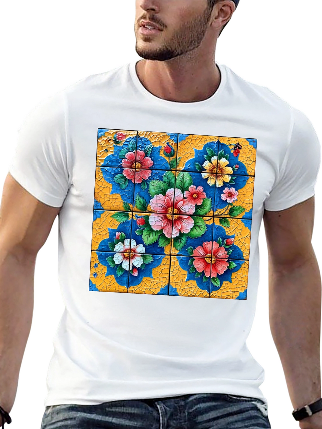 Floral Tile Art Graphic Tee - Unique Design
