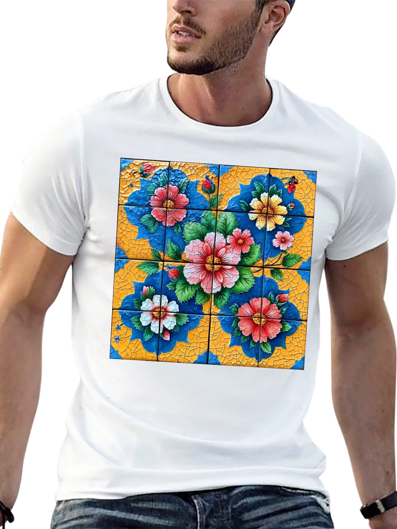 Floral Tile Art Graphic Tee - Unique Design