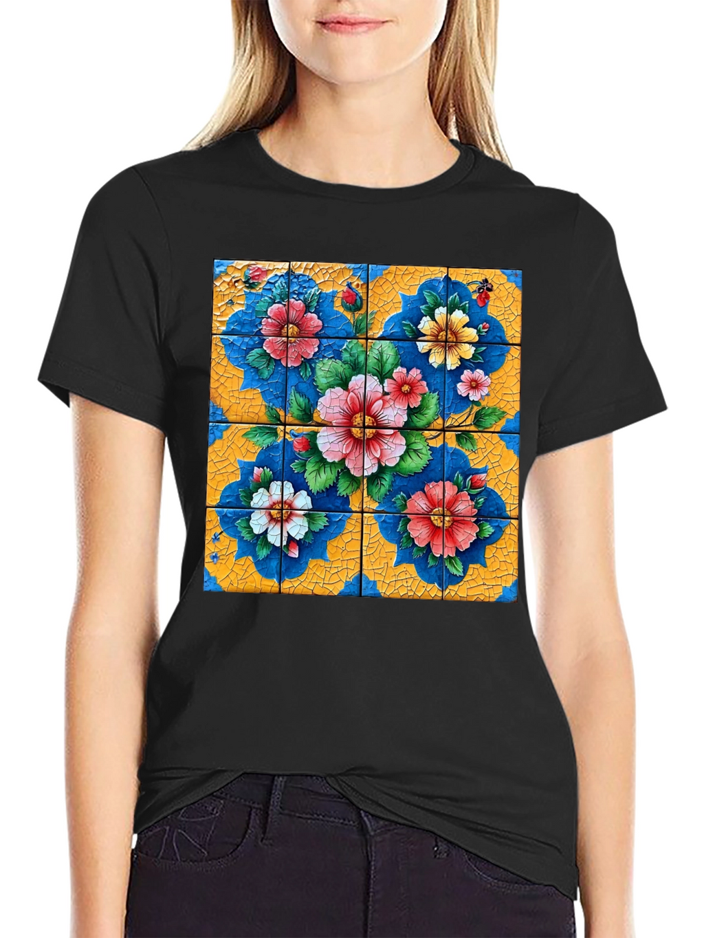 Floral Tile Art Graphic Tee - Unique Design