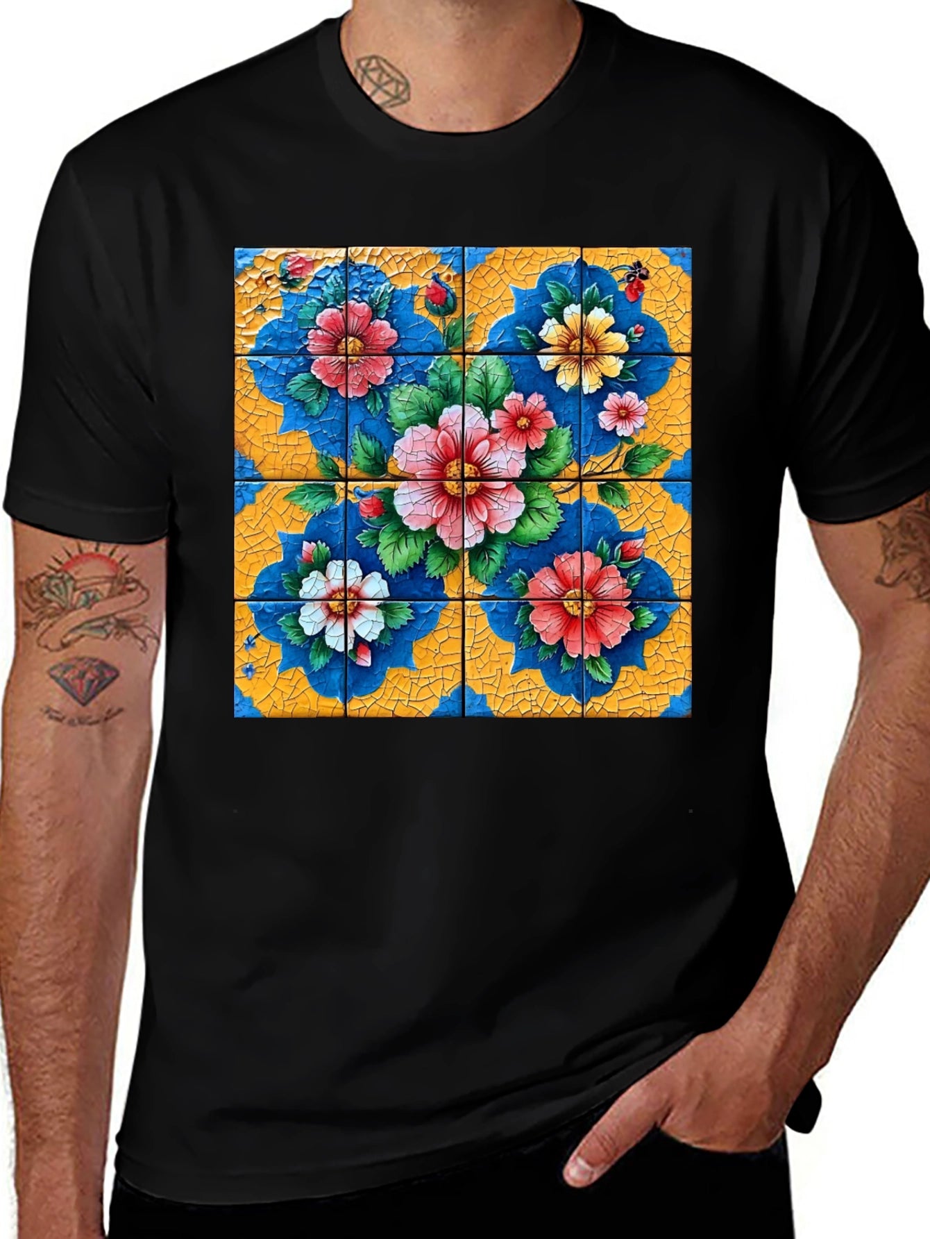 Floral Tile Art Graphic Tee - Unique Design