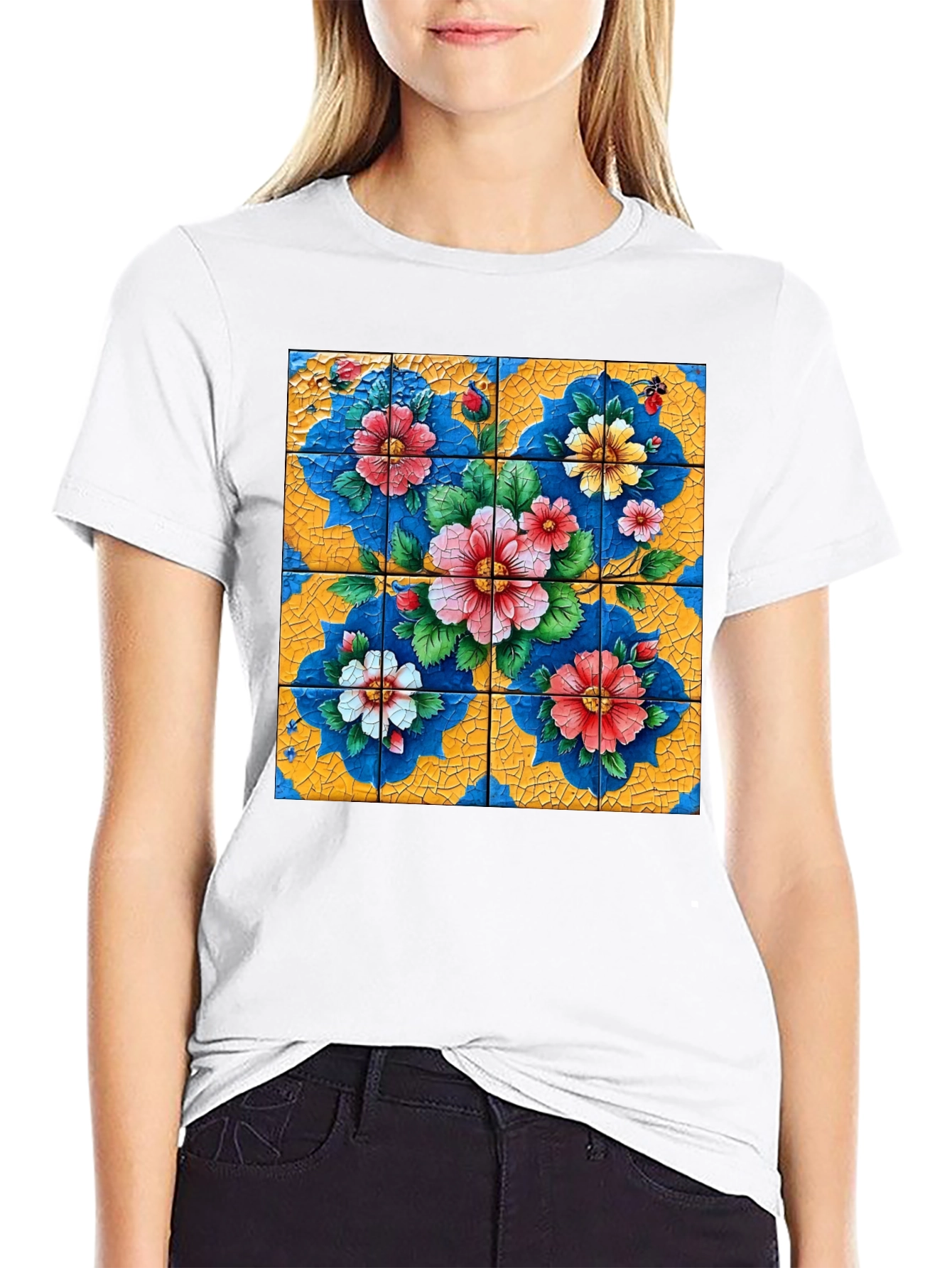 Floral Tile Art Graphic Tee - Unique Design