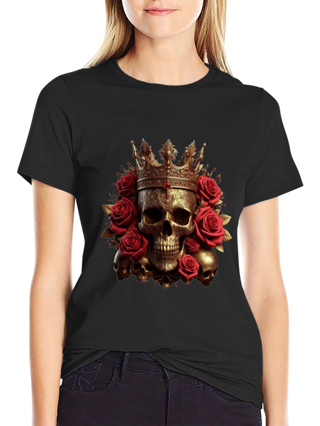 Skull King Rose T-Shirt - Gothic Crown Design