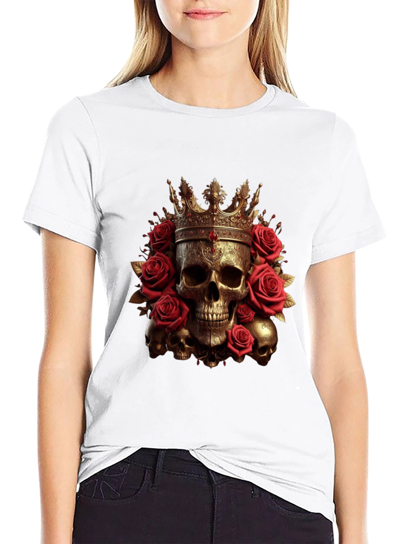 Skull King Rose T-Shirt - Gothic Crown Design