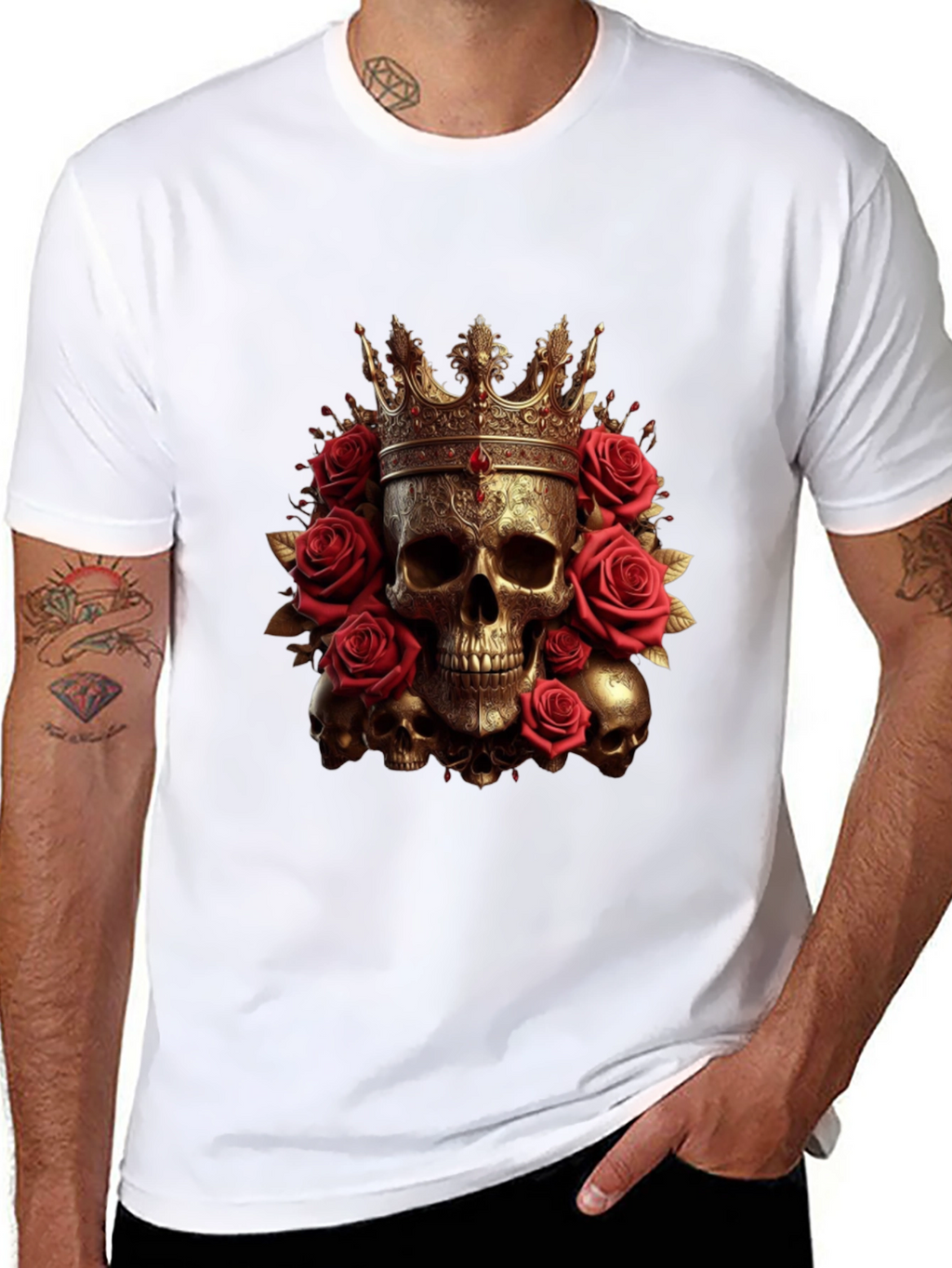 Skull King Rose T-Shirt - Gothic Crown Design