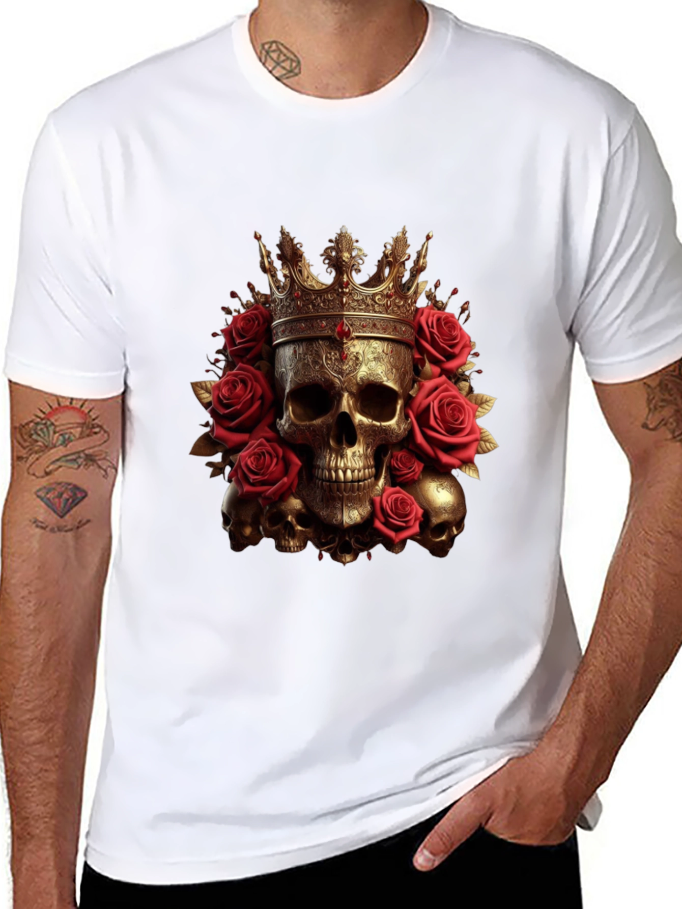 Skull King Rose T-Shirt - Gothic Crown Design