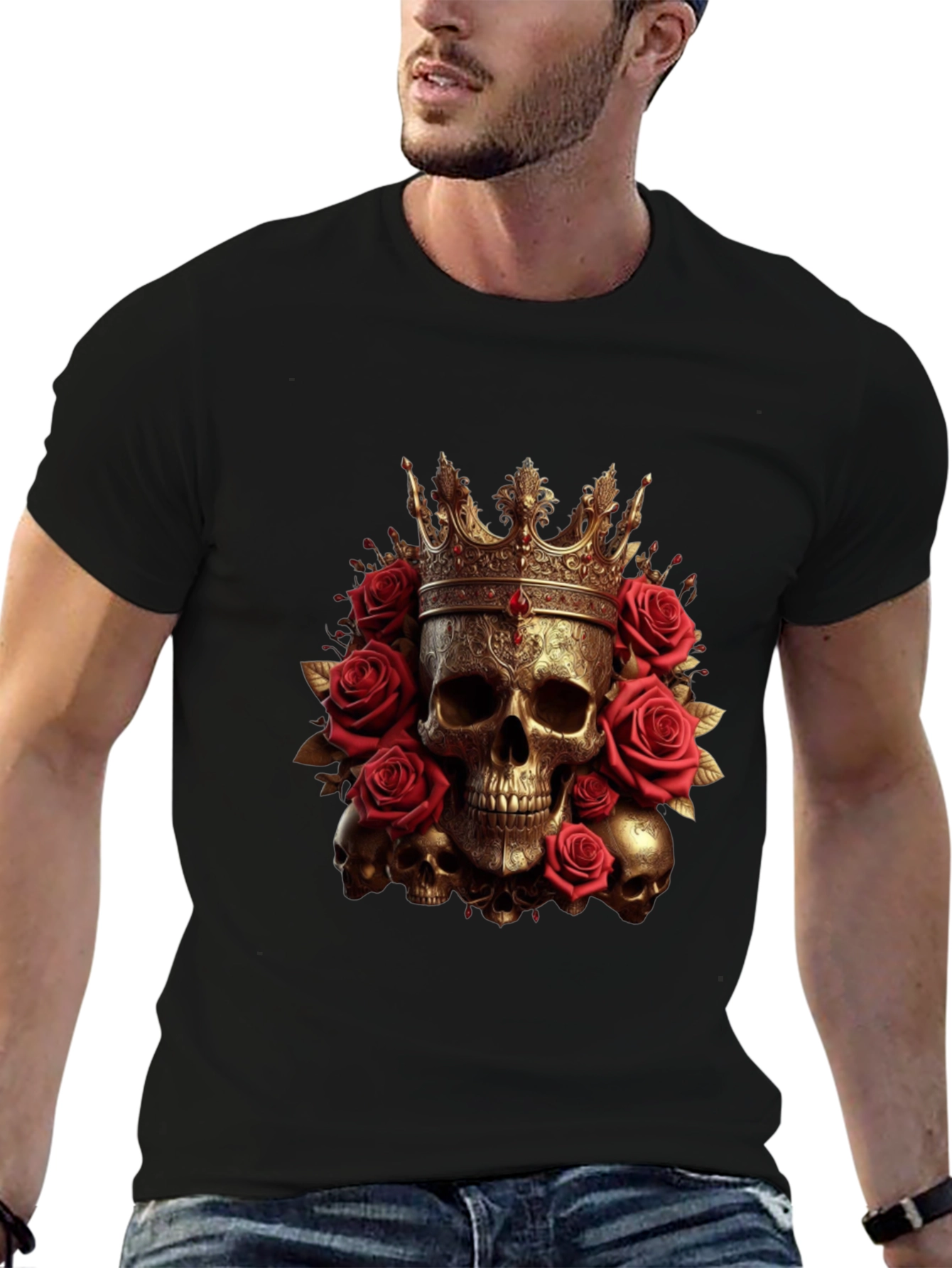 Skull King Rose T-Shirt - Gothic Crown Design