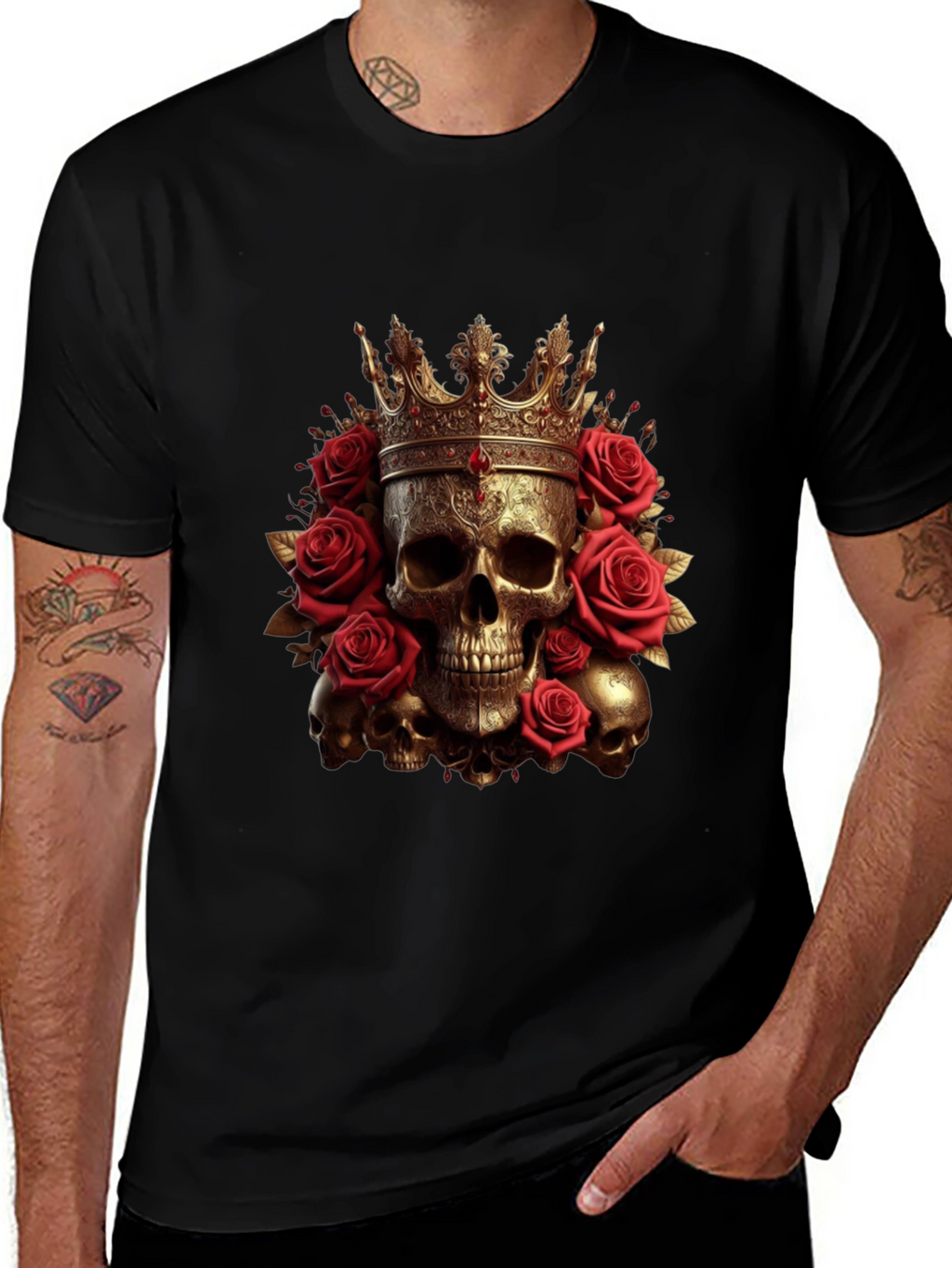 Skull King Rose T-Shirt - Gothic Crown Design