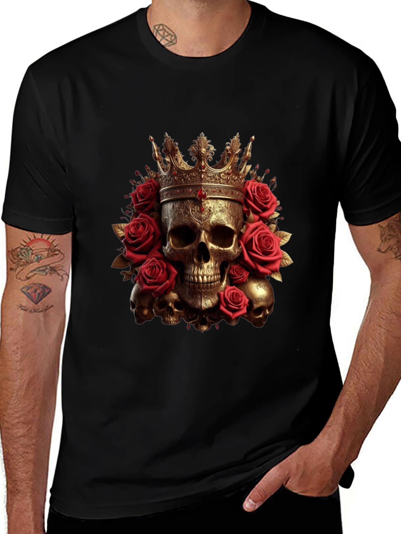 Skull King Rose T-Shirt - Gothic Crown Design