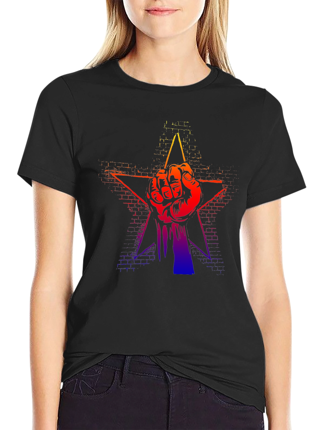 Gradient Fist Star Graphic Black T-Shirt