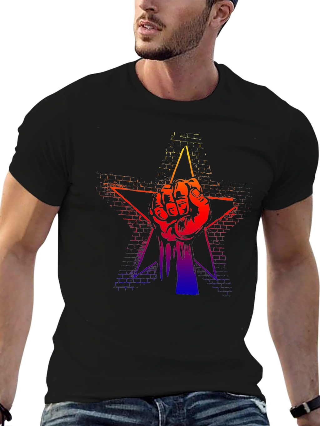 Gradient Fist Star Graphic Black T-Shirt