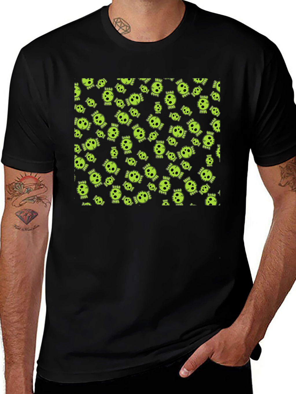 Skull Print Tee - Black Cotton Crew Neck