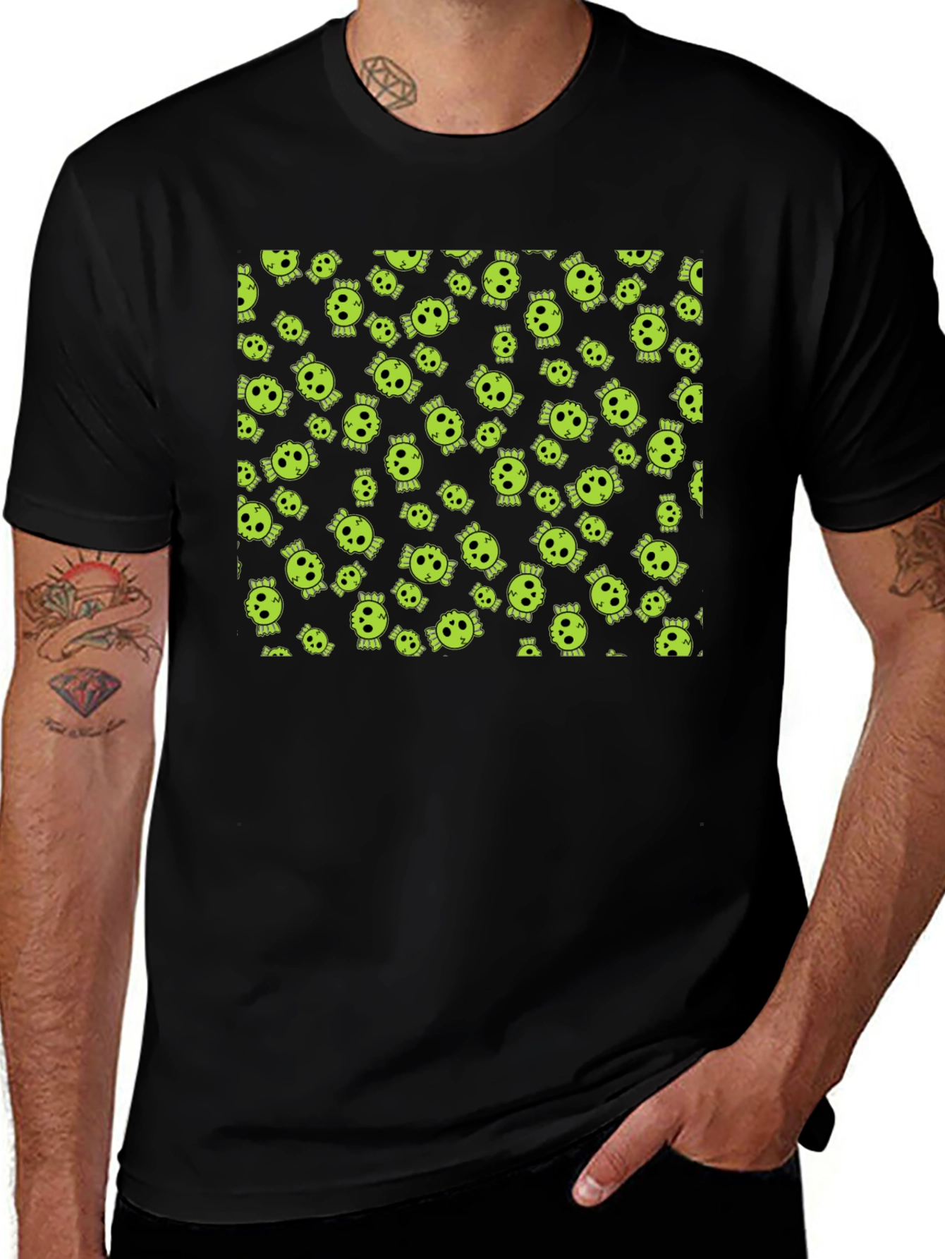 Skull Print Tee - Black Cotton Crew Neck