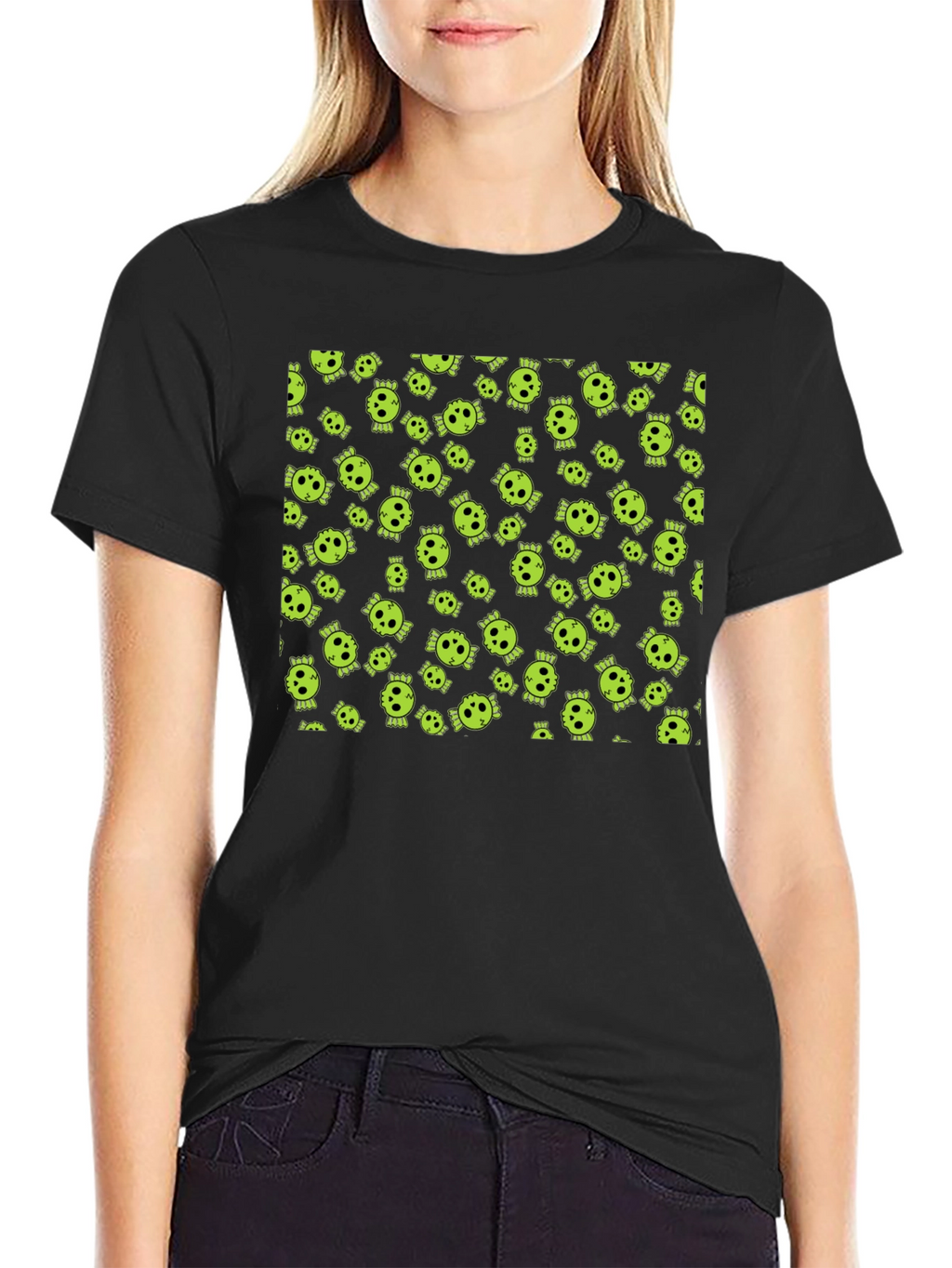 Skull Print Tee - Black Cotton Crew Neck
