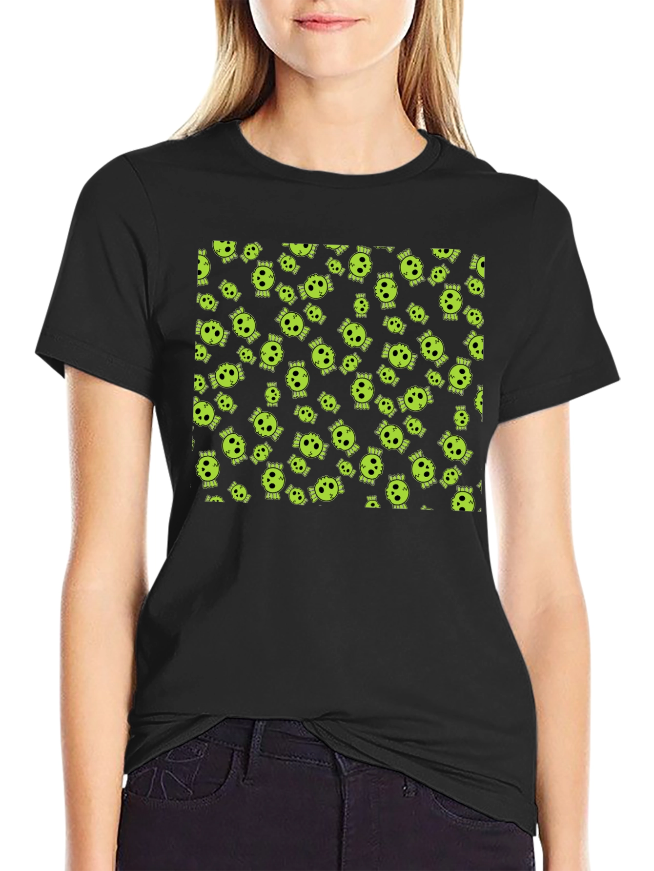 Skull Print Tee - Black Cotton Crew Neck