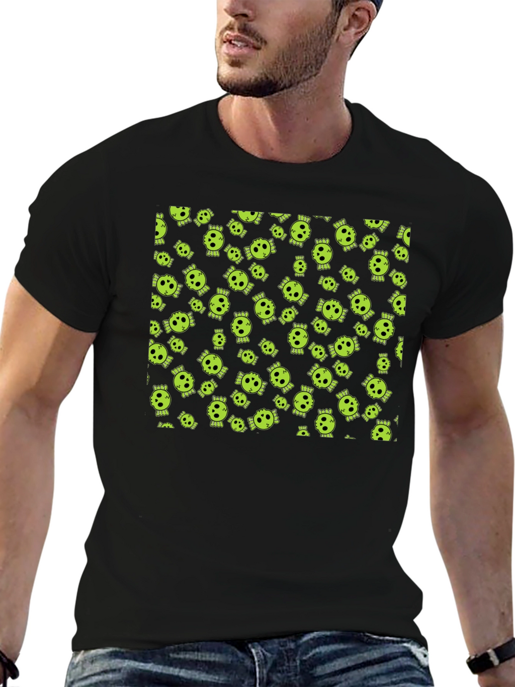 Skull Print Tee - Black Cotton Crew Neck