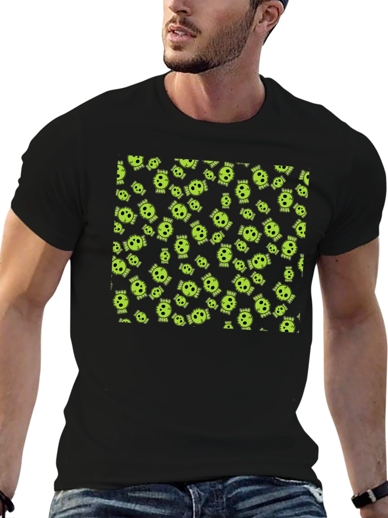 Skull Print Tee - Black Cotton Crew Neck