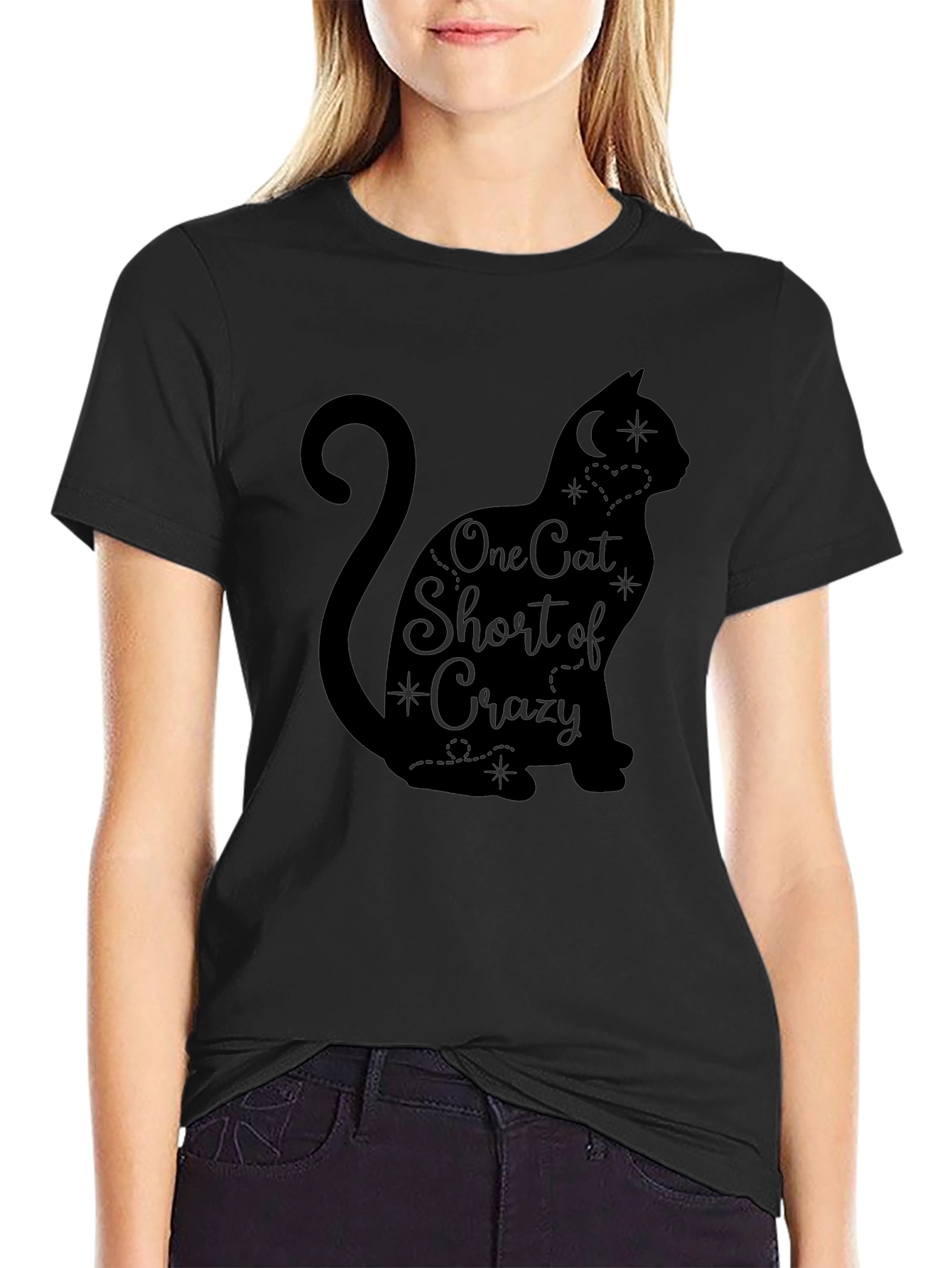 One Cat Short of Crazy T-Shirt Cute Black Cat Tee