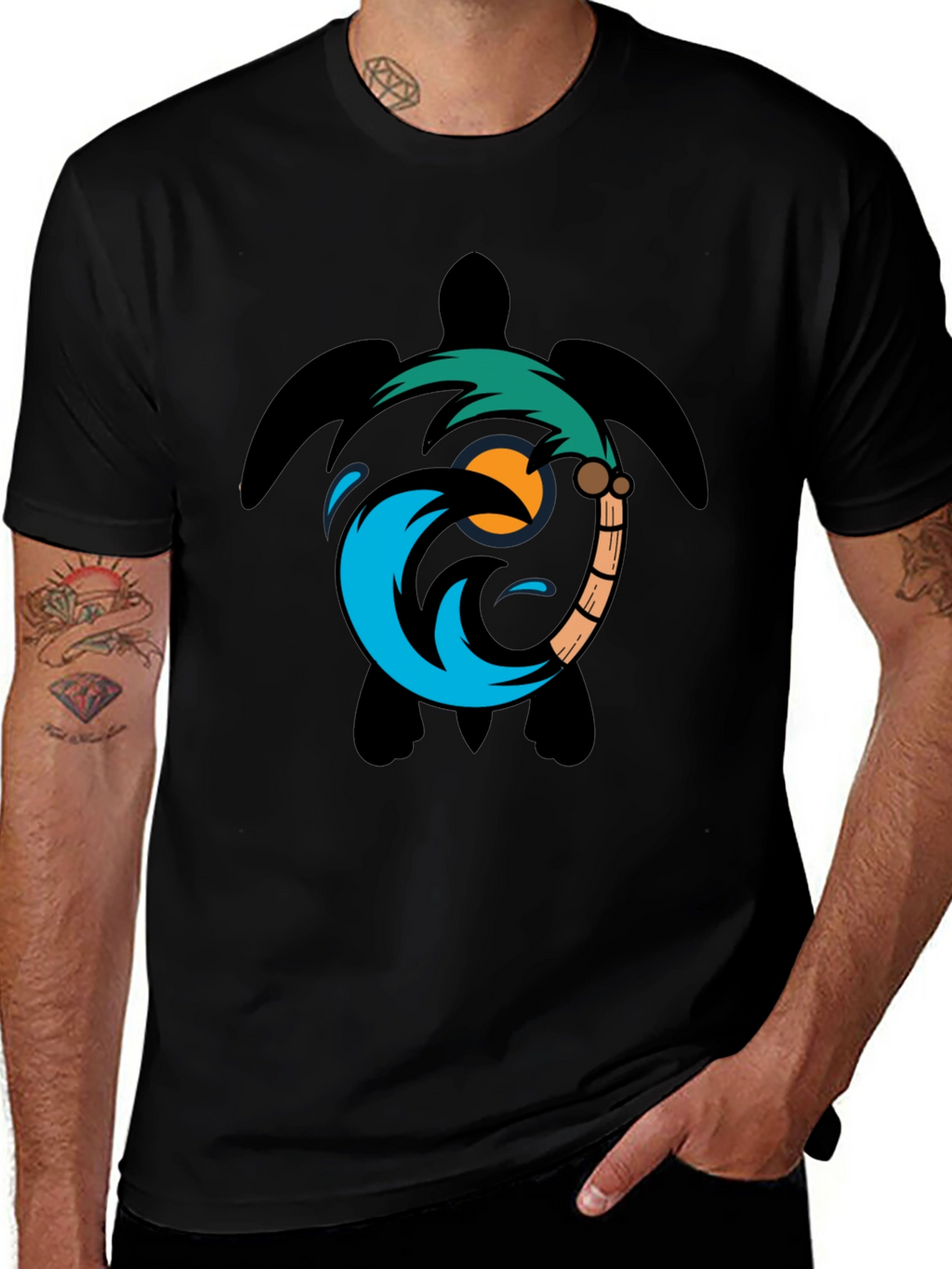 Turtle Palm Tree Wave Graphic T-Shirt