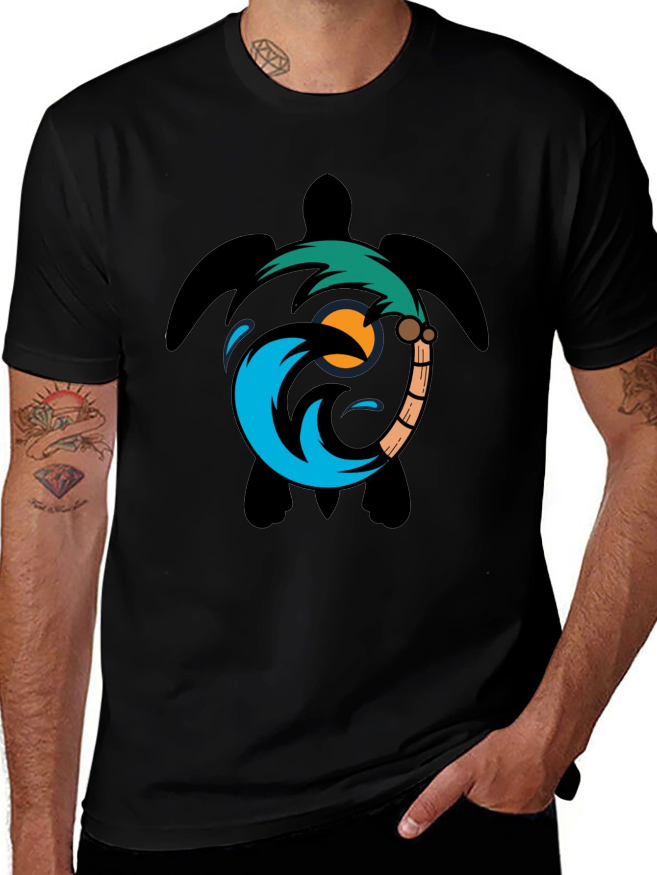 Turtle Palm Tree Wave Graphic T-Shirt