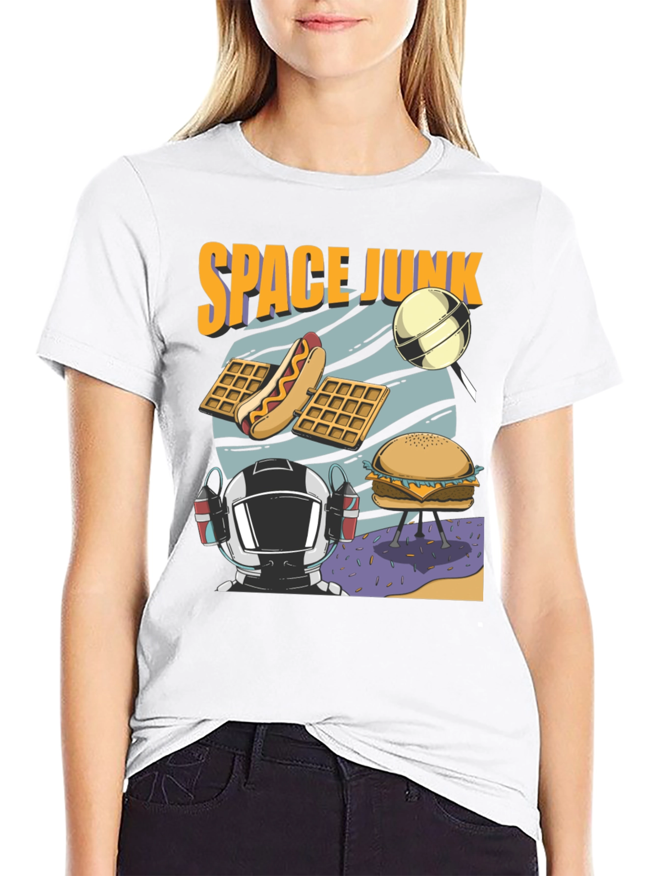 Space Junk Graphic T-Shirt - Astronaut and Food Design