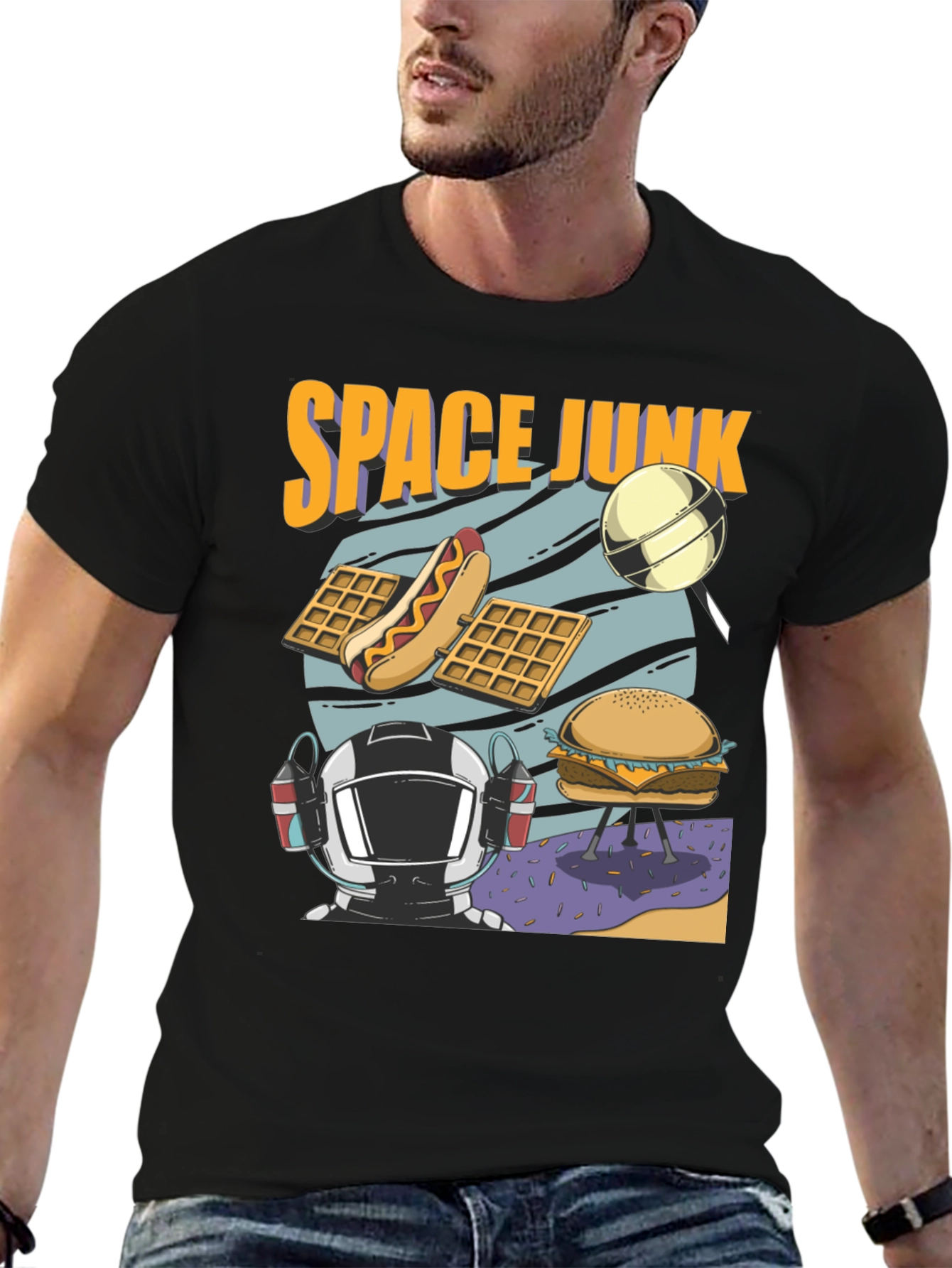 Space Junk Graphic T-Shirt - Astronaut and Food Design