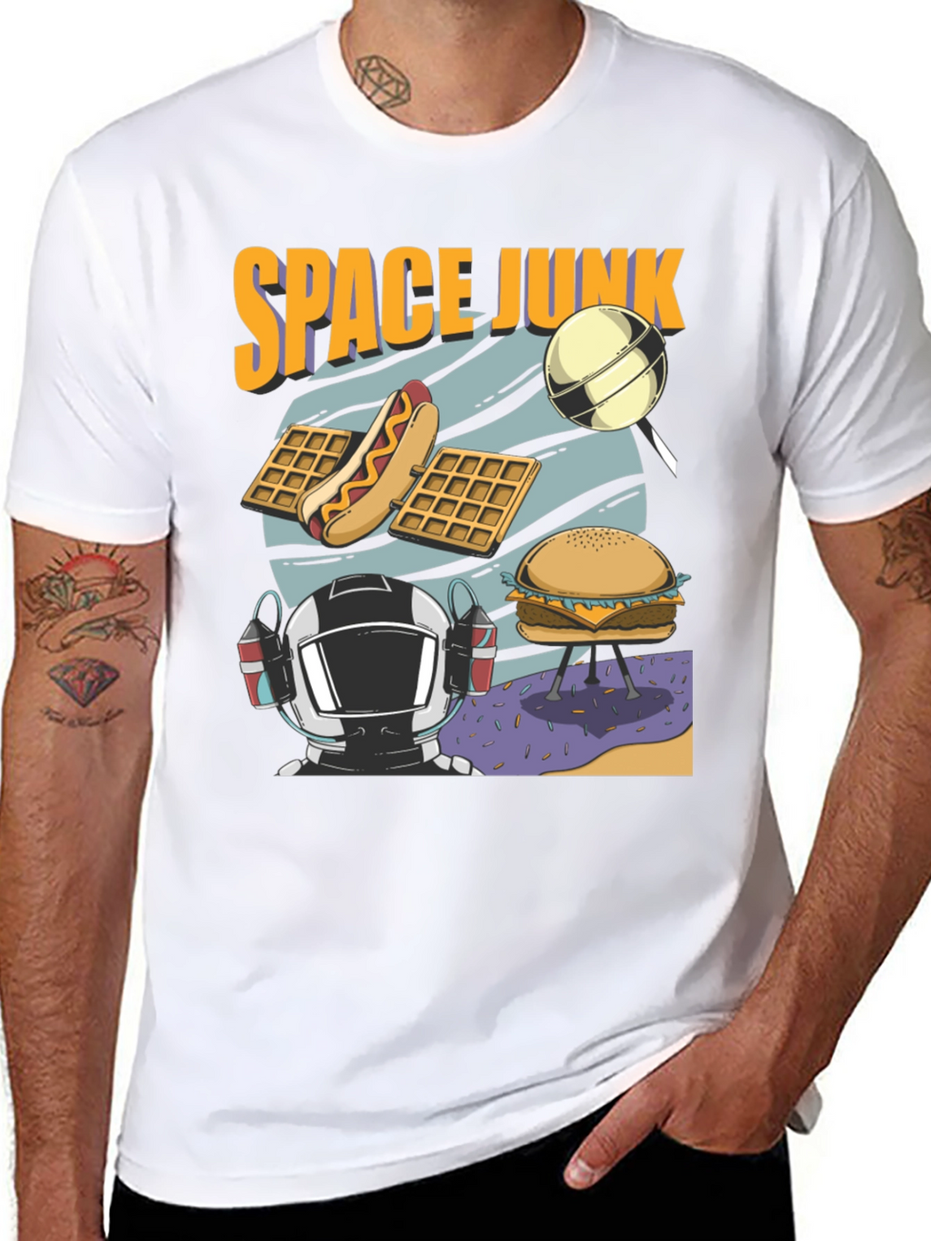 Space Junk Graphic T-Shirt - Astronaut and Food Design