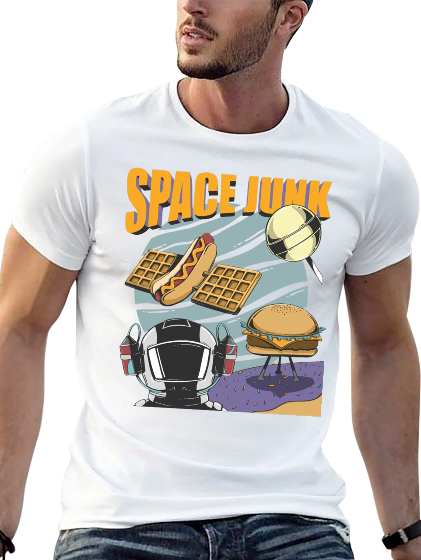Space Junk Graphic T-Shirt - Astronaut and Food Design