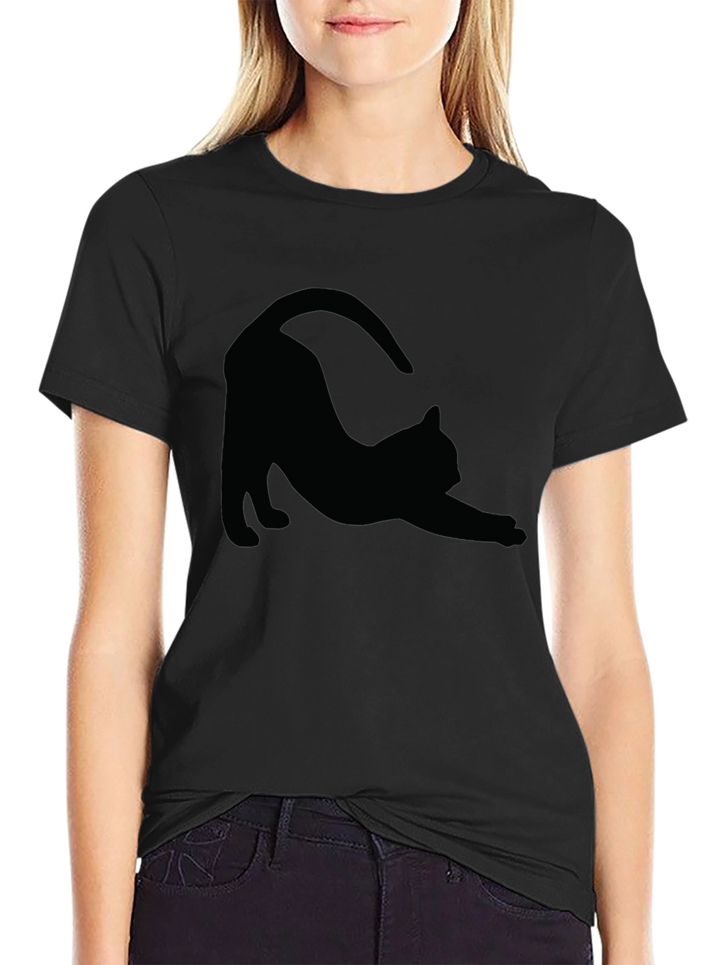 Stretching Cat Graphic Tee - Soft Black Cotton T-Shirt