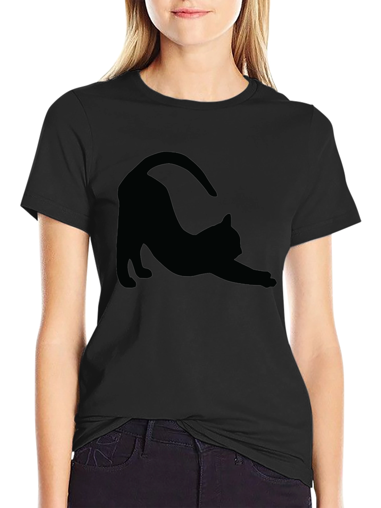 Stretching Cat Graphic Tee - Soft Black Cotton T-Shirt
