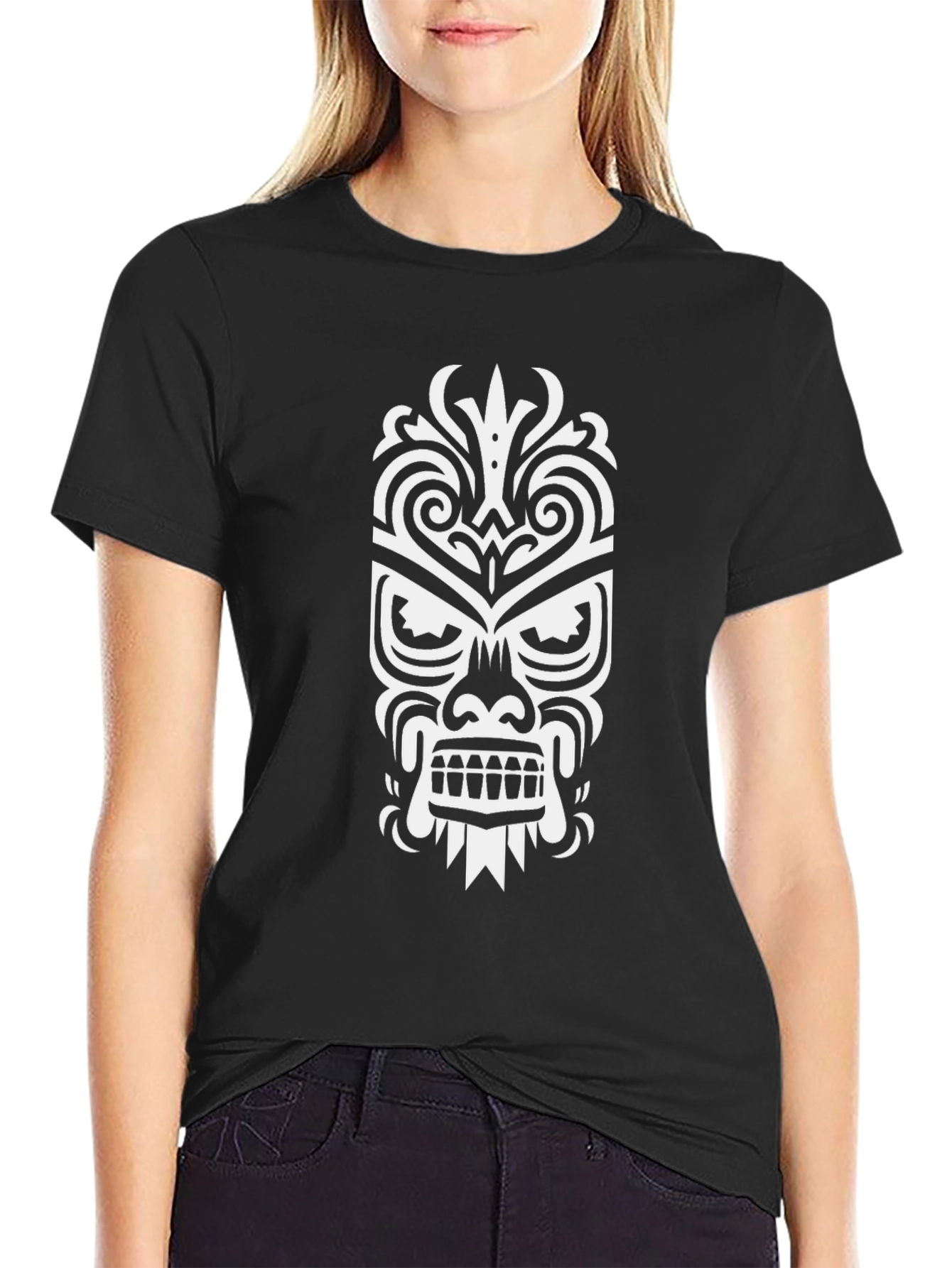 Tribal Mask Graphic Tee - Stylish Black Cotton T-Shirt