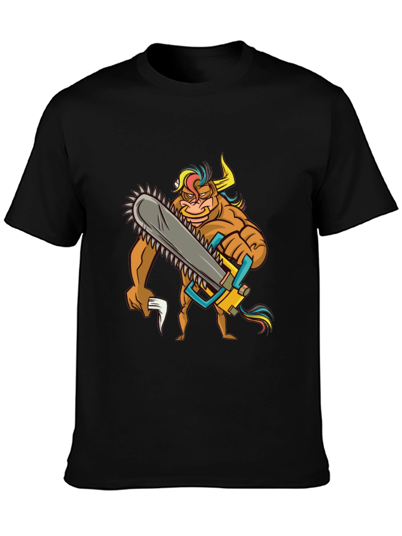 Cartoon Bull Chainsaw Black T-Shirt
