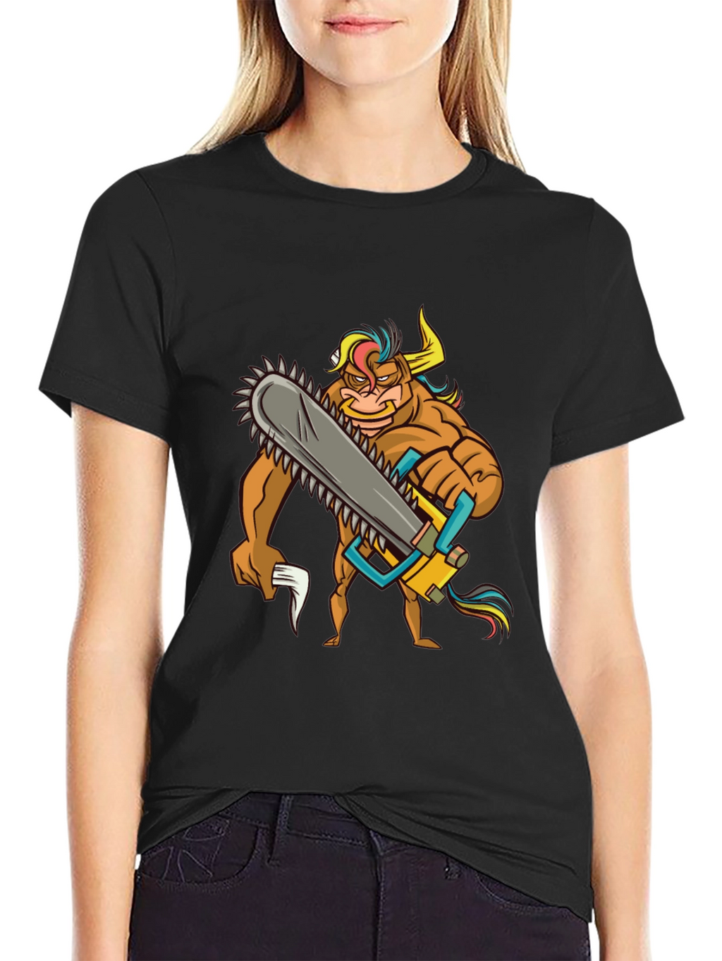 Cartoon Bull Chainsaw Black T-Shirt