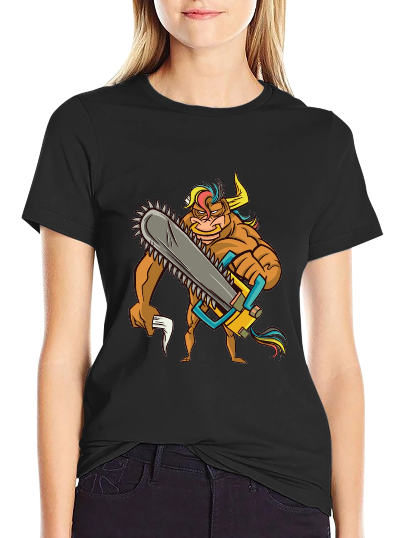 Cartoon Bull Chainsaw Black T-Shirt