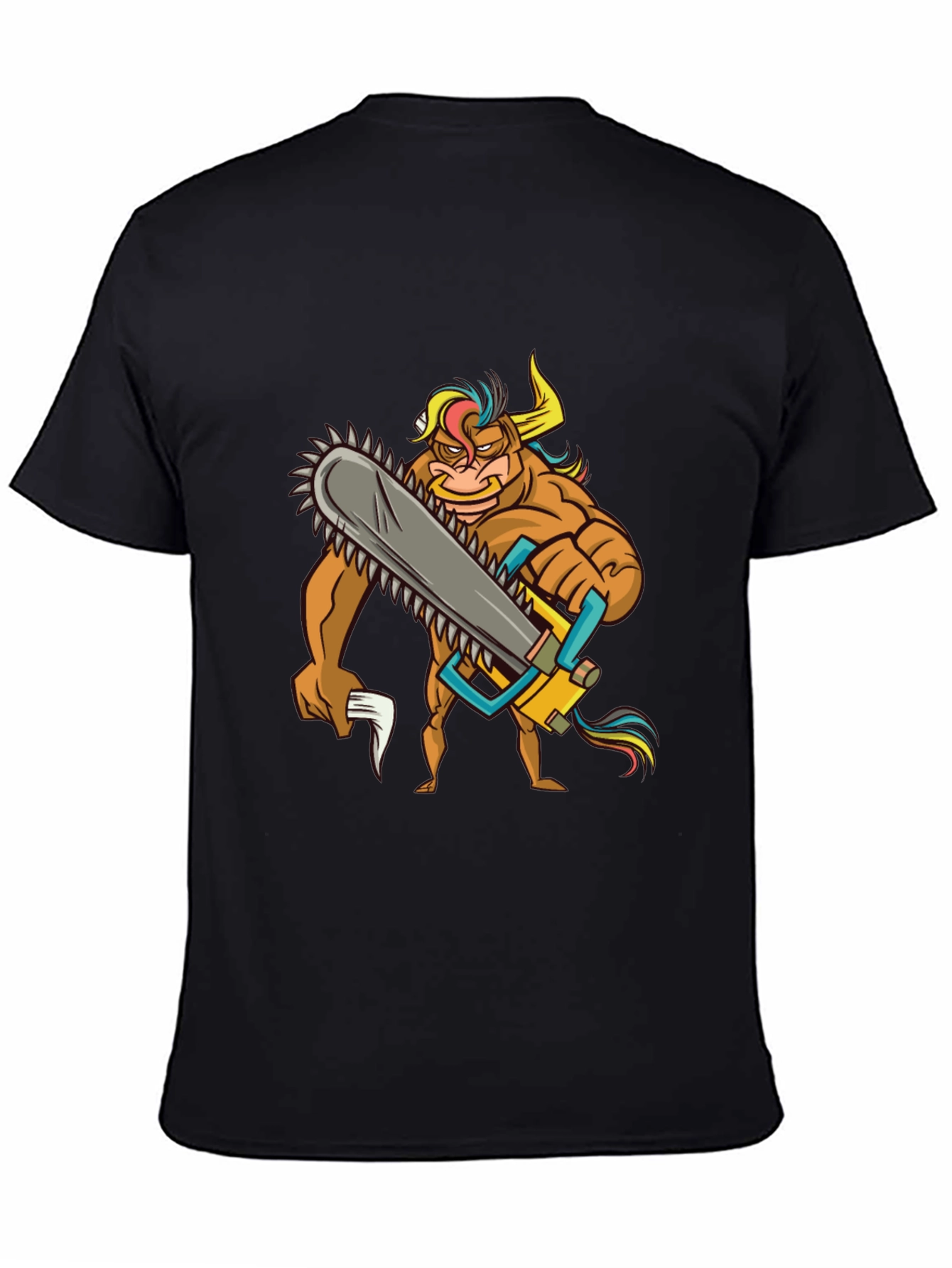 Cartoon Bull Chainsaw Black T-Shirt