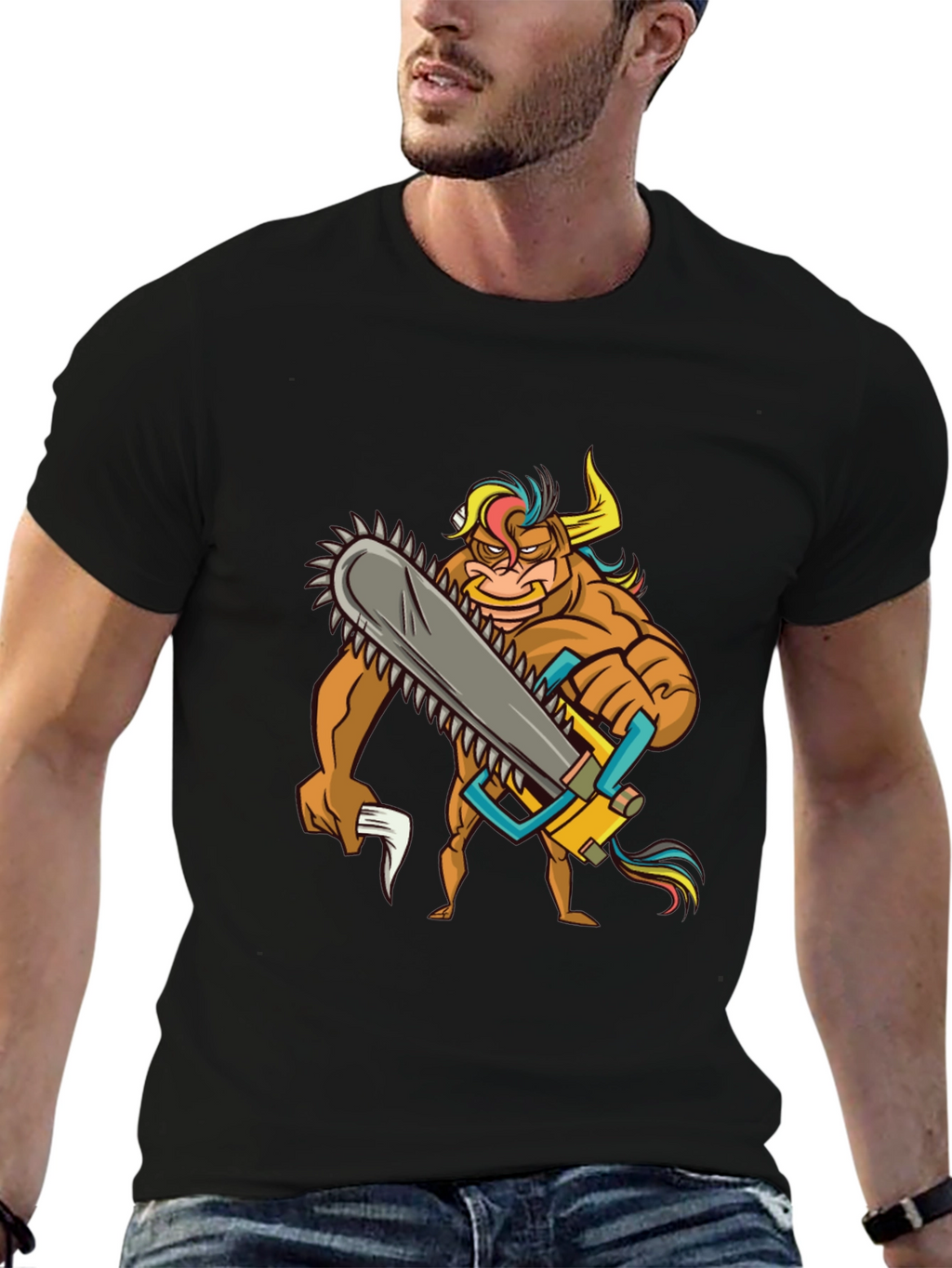 Cartoon Bull Chainsaw Black T-Shirt
