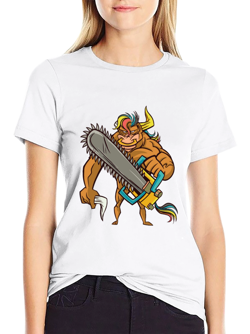 Cartoon Bull Chainsaw Black T-Shirt