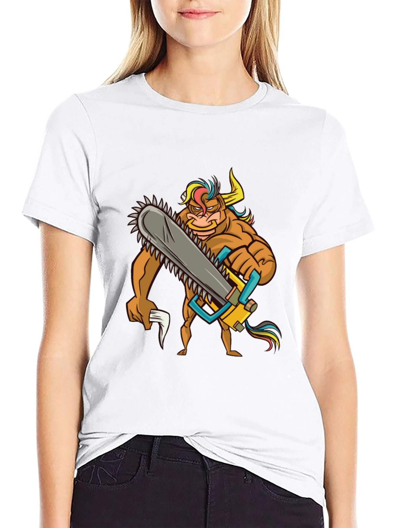 Cartoon Bull Chainsaw Black T-Shirt