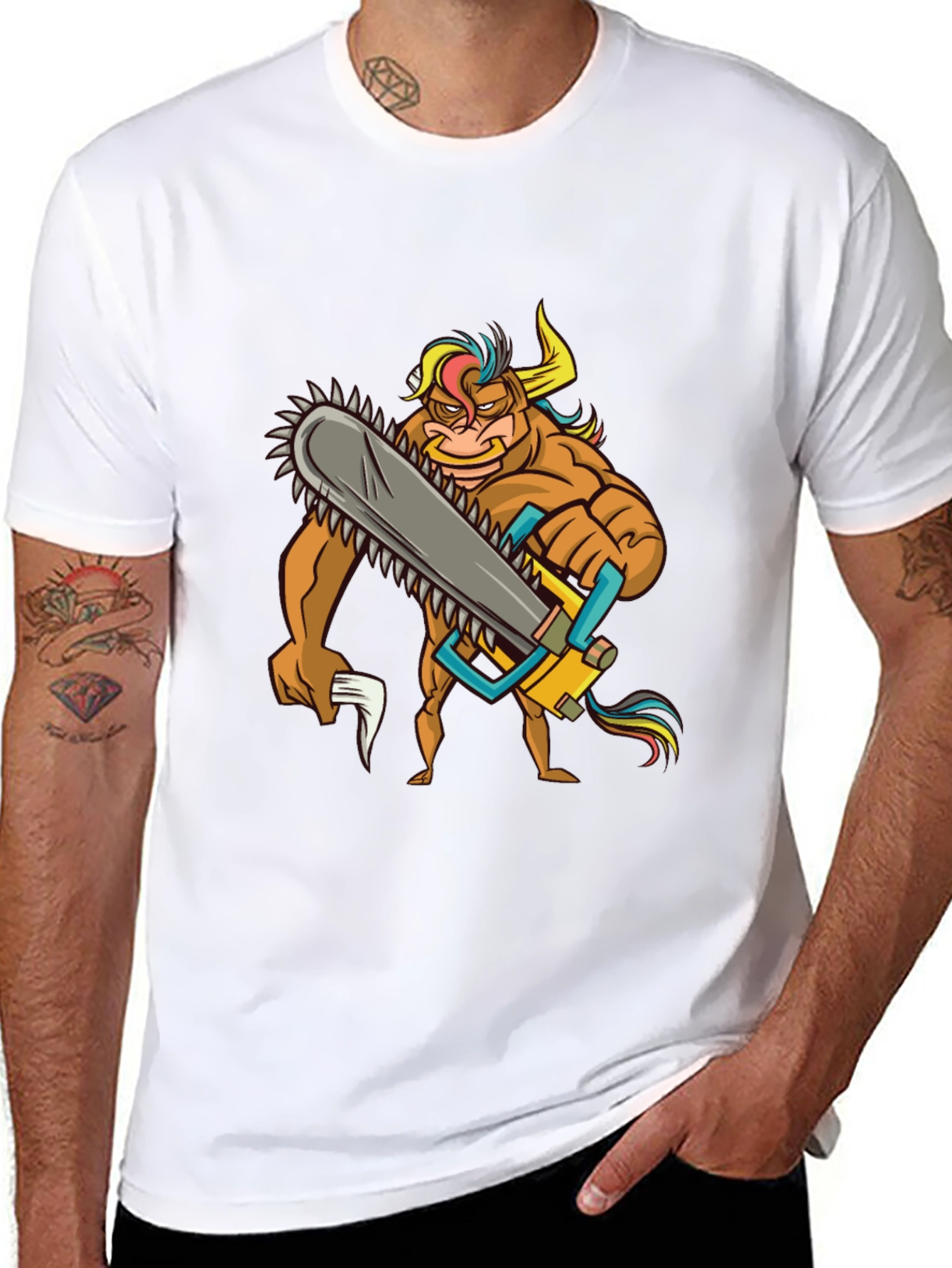 Cartoon Bull Chainsaw Black T-Shirt