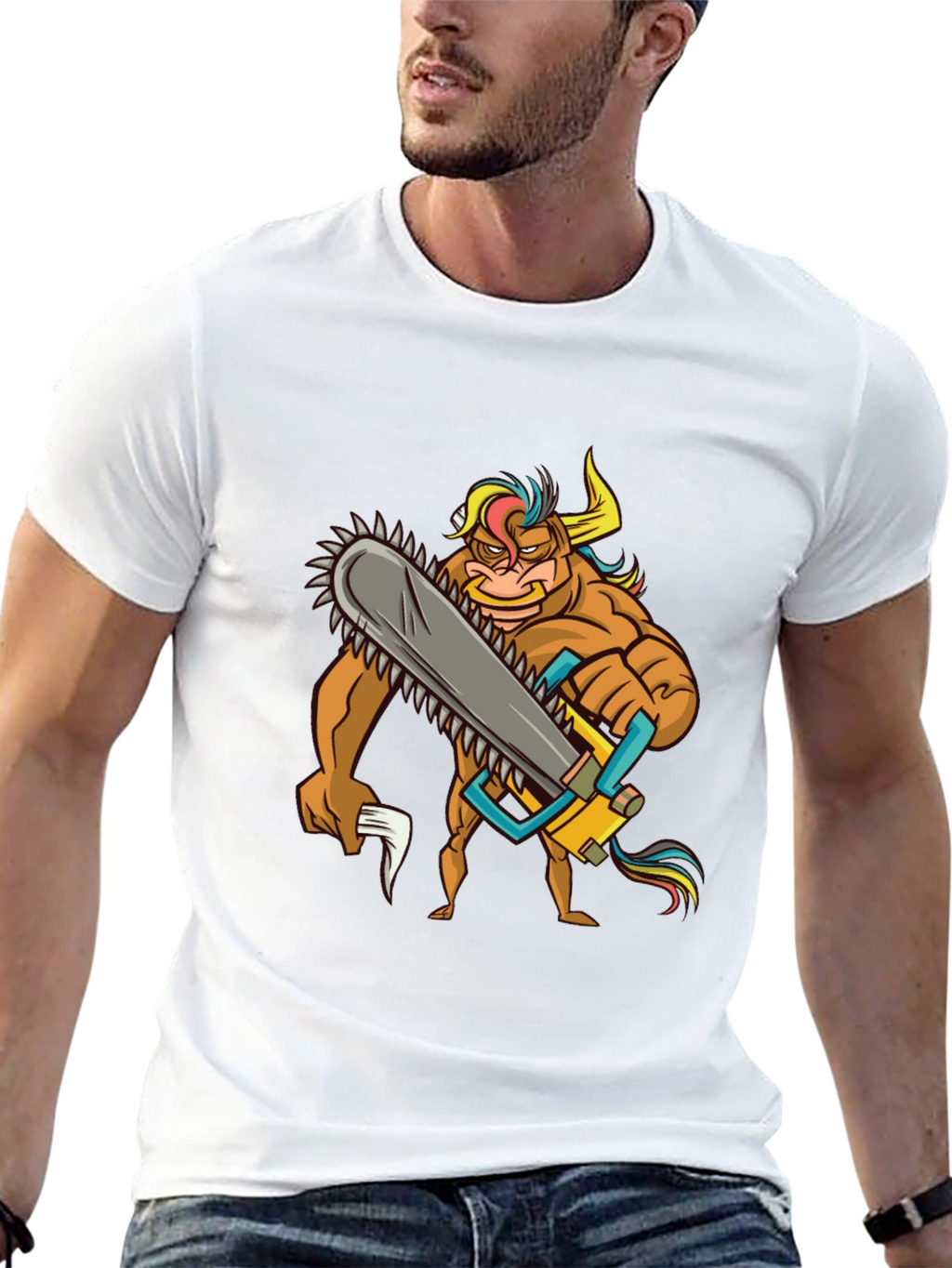 Cartoon Bull Chainsaw Black T-Shirt