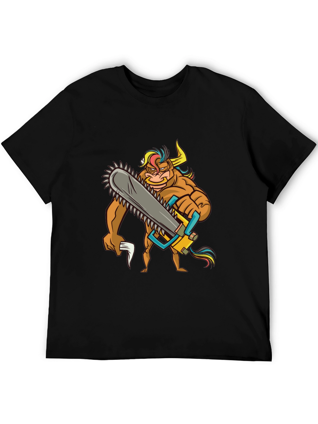 Cartoon Bull Chainsaw Black T-Shirt