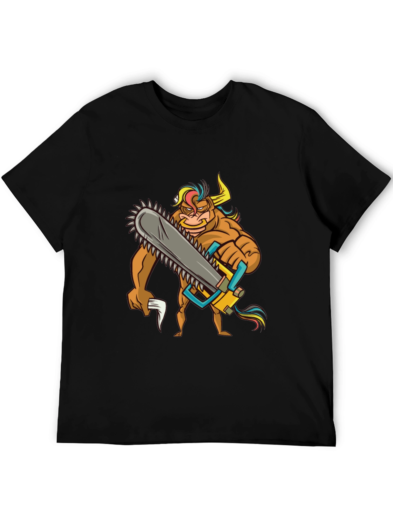Cartoon Bull Chainsaw Black T-Shirt
