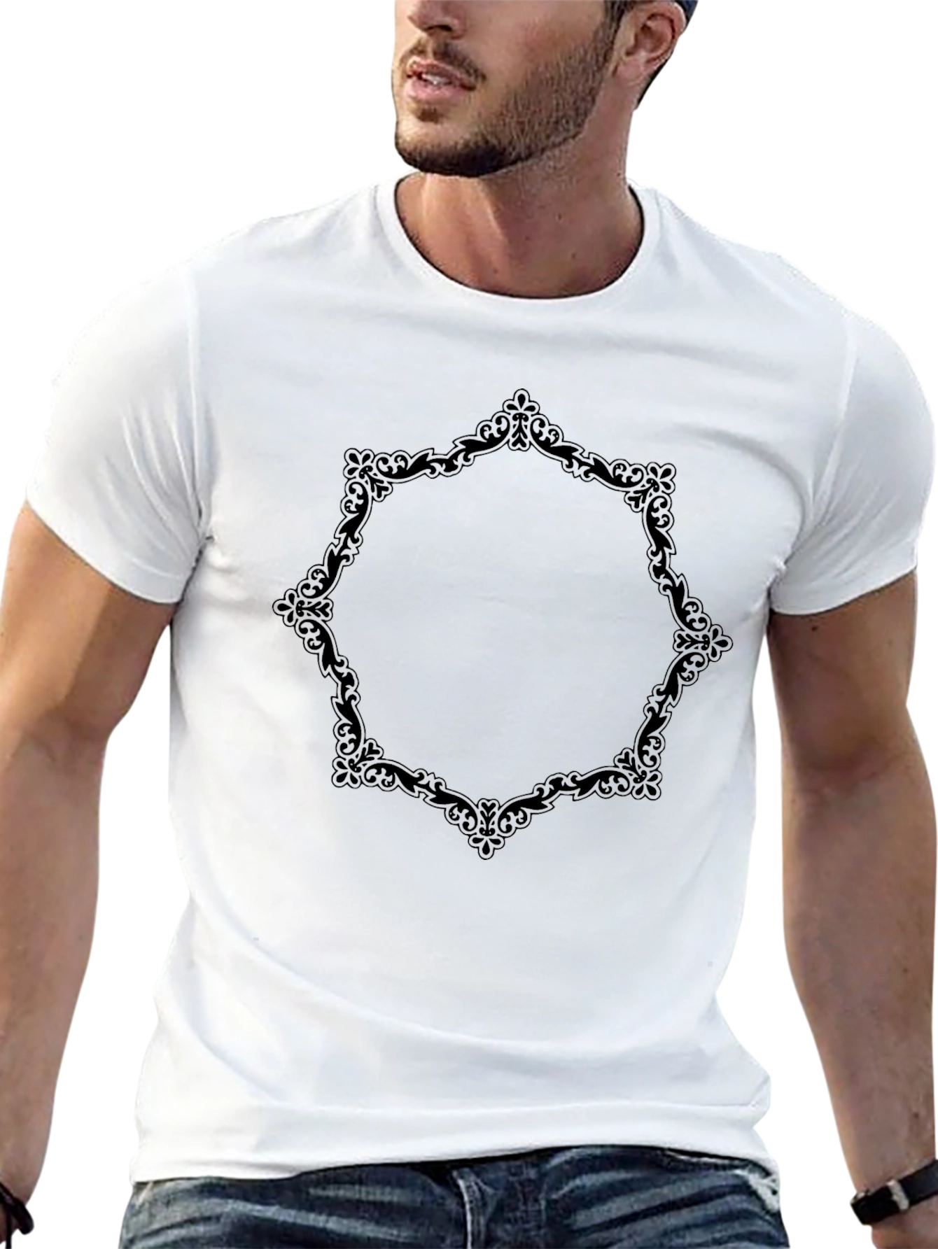 Elegant Black T-Shirt with Ornate Frame Design