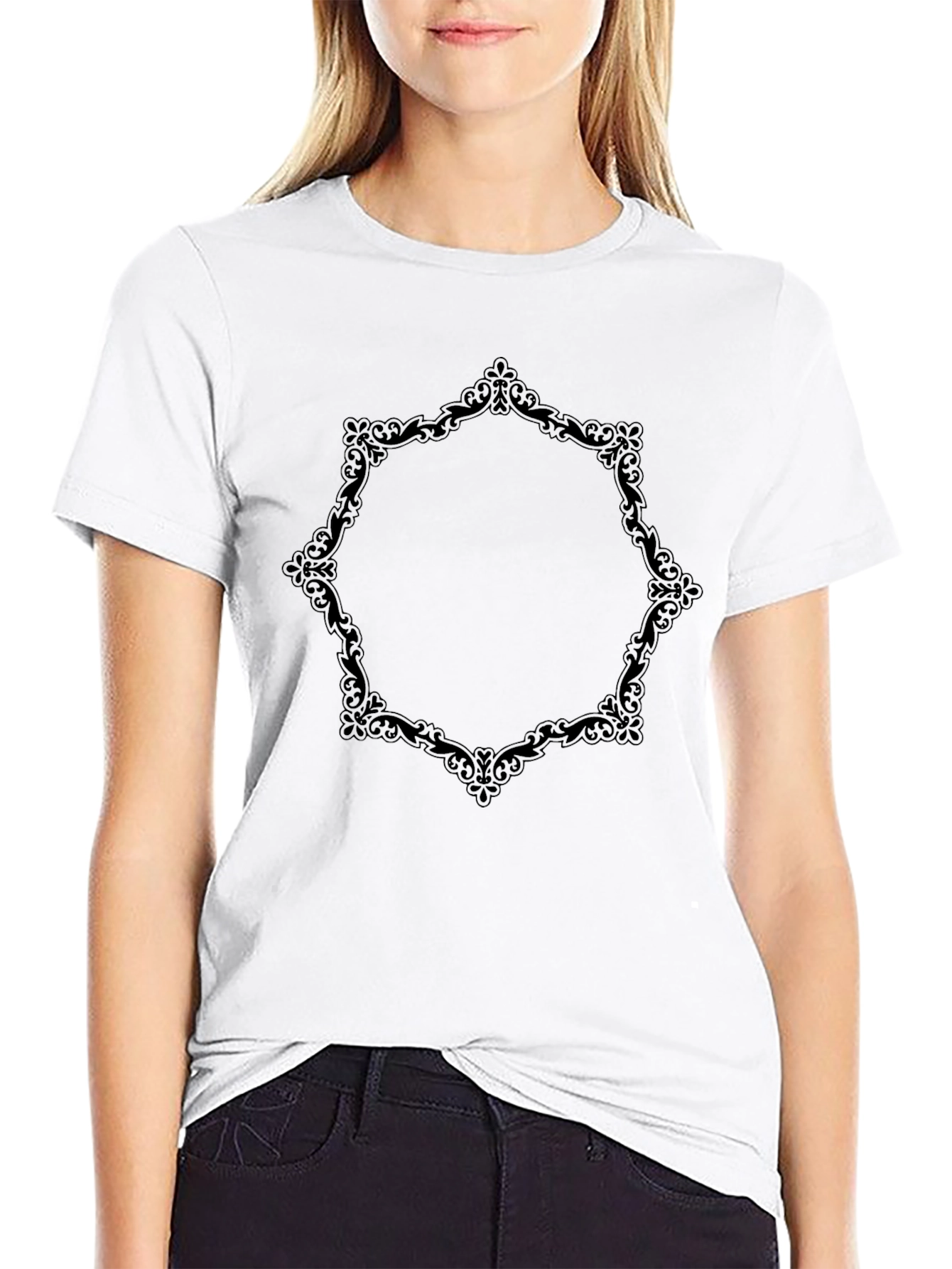 Elegant Black T-Shirt with Ornate Frame Design