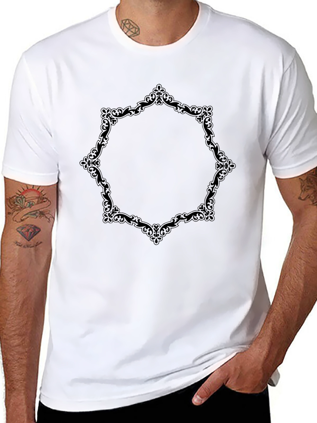 Elegant Black T-Shirt with Ornate Frame Design