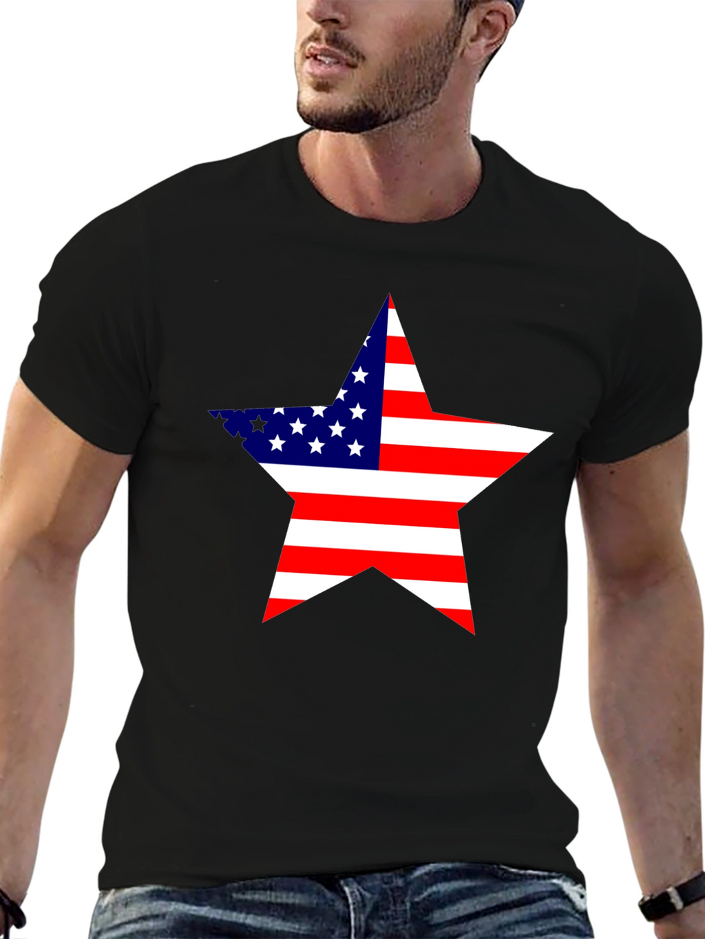 USA Flag Star Graphic Black T-Shirt