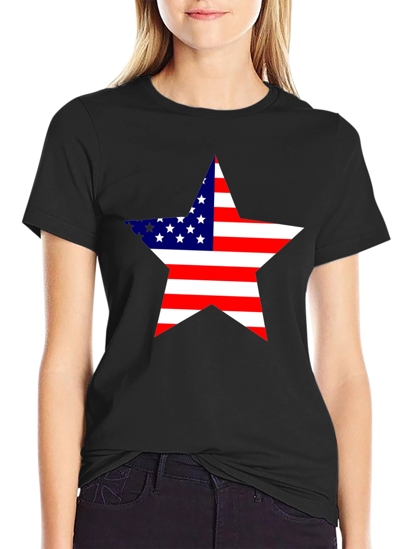 USA Flag Star Graphic Black T-Shirt