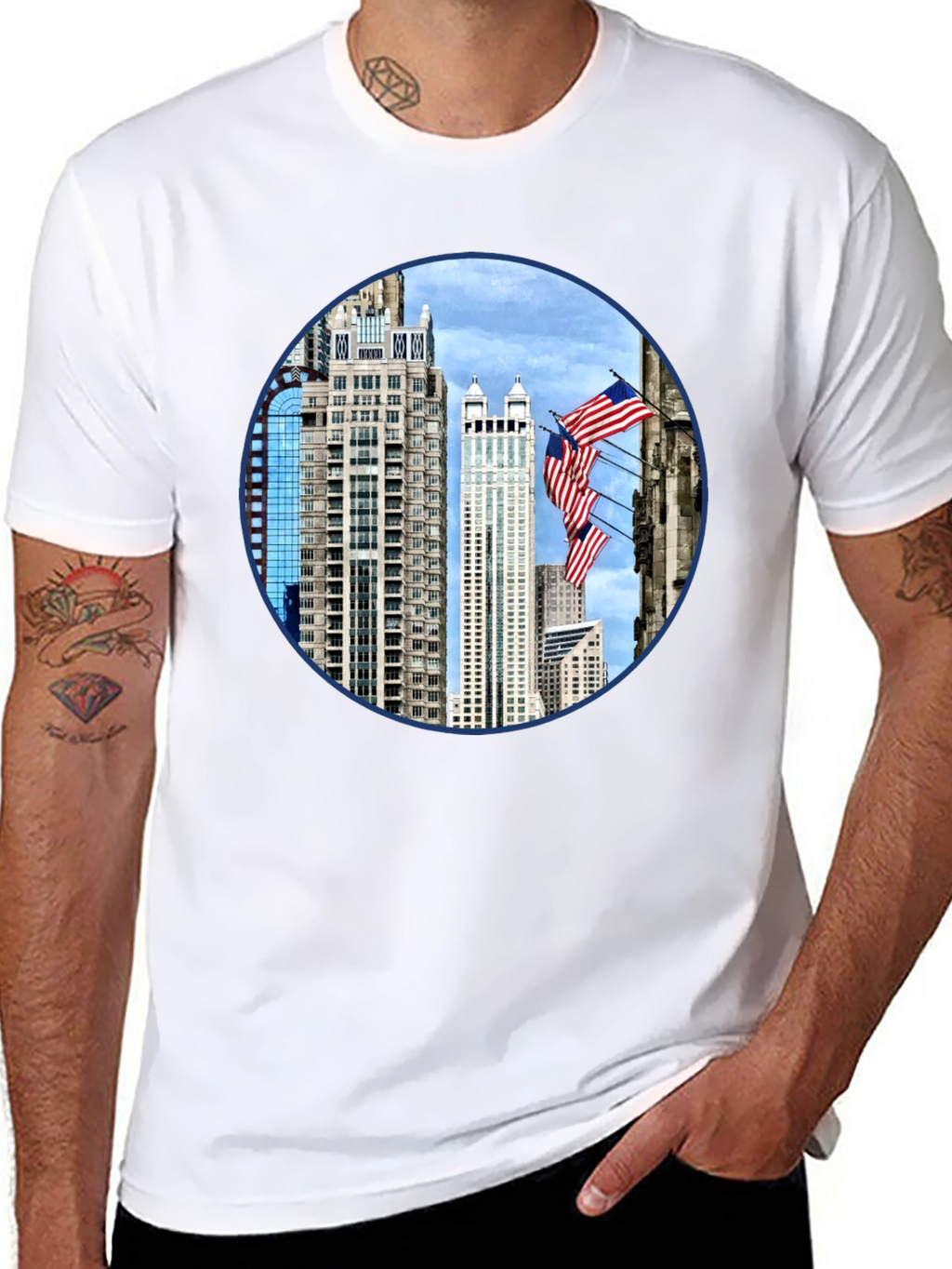 Cityscape American Flag Mens Graphic Tee