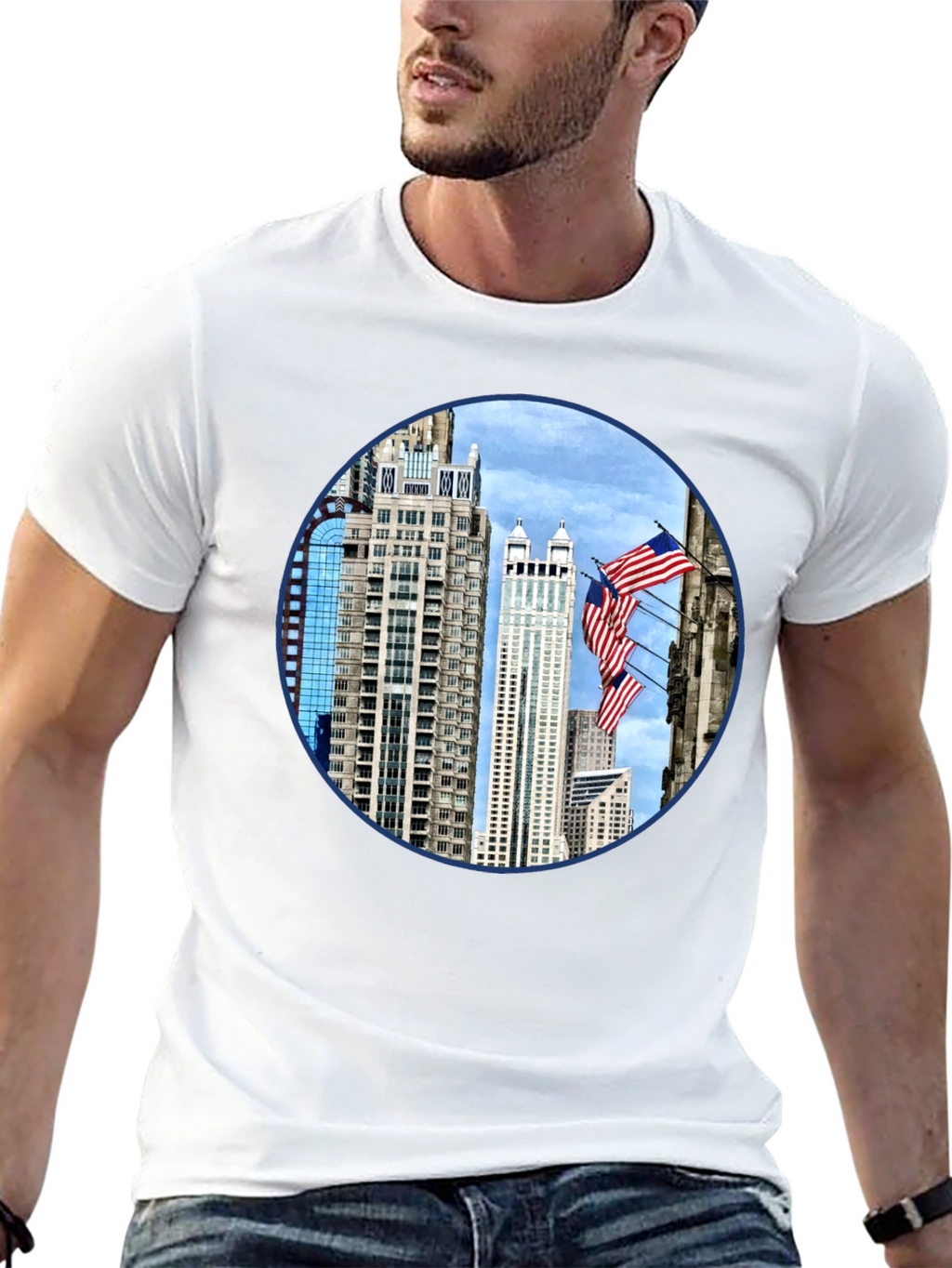 Cityscape American Flag Mens Graphic Tee