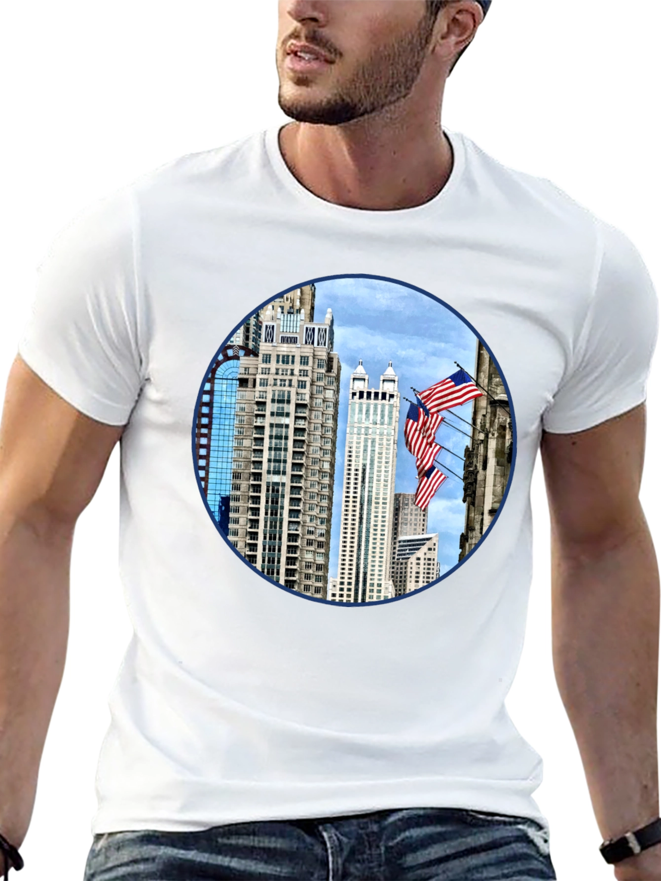 Cityscape American Flag Mens Graphic Tee