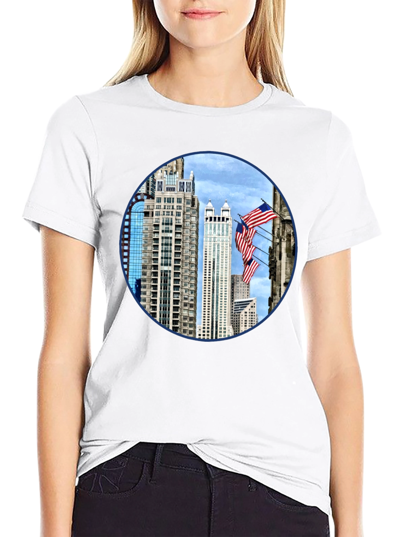 Cityscape American Flag Mens Graphic Tee
